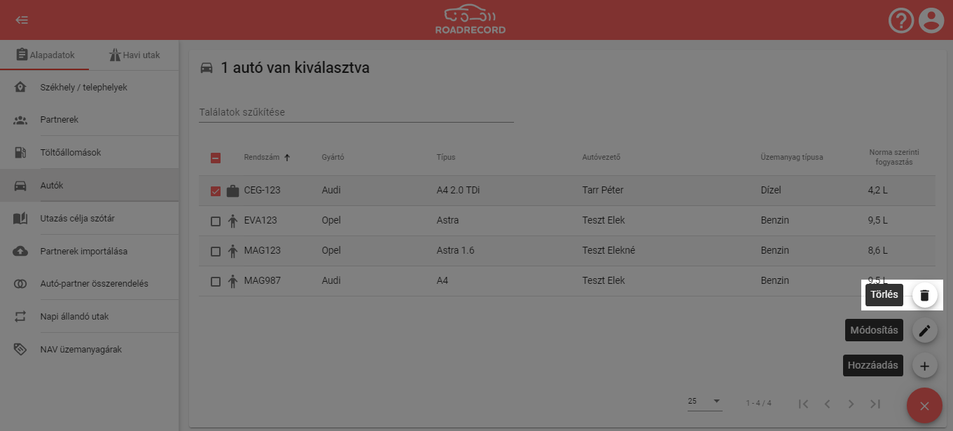 autó törlése RoadRecord Online útnyilvántartó
