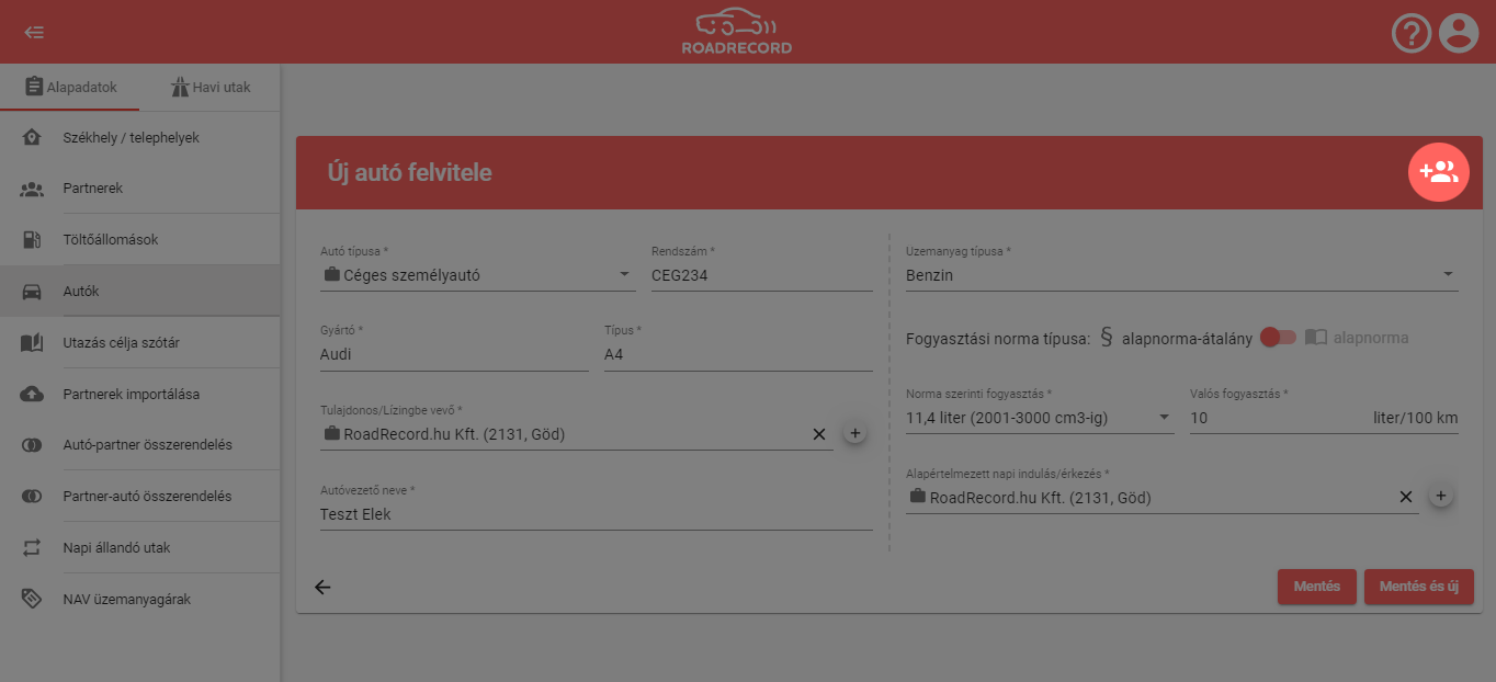 RoadRecord online útnyilvántartó program felhasználókezelés