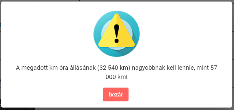 útnyilvántartás rögzített km óra állás hibaüzenet képernyő