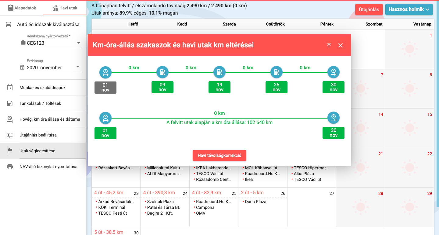 NAV-álló útnyilvántartás kiegészítés naptár nézetben