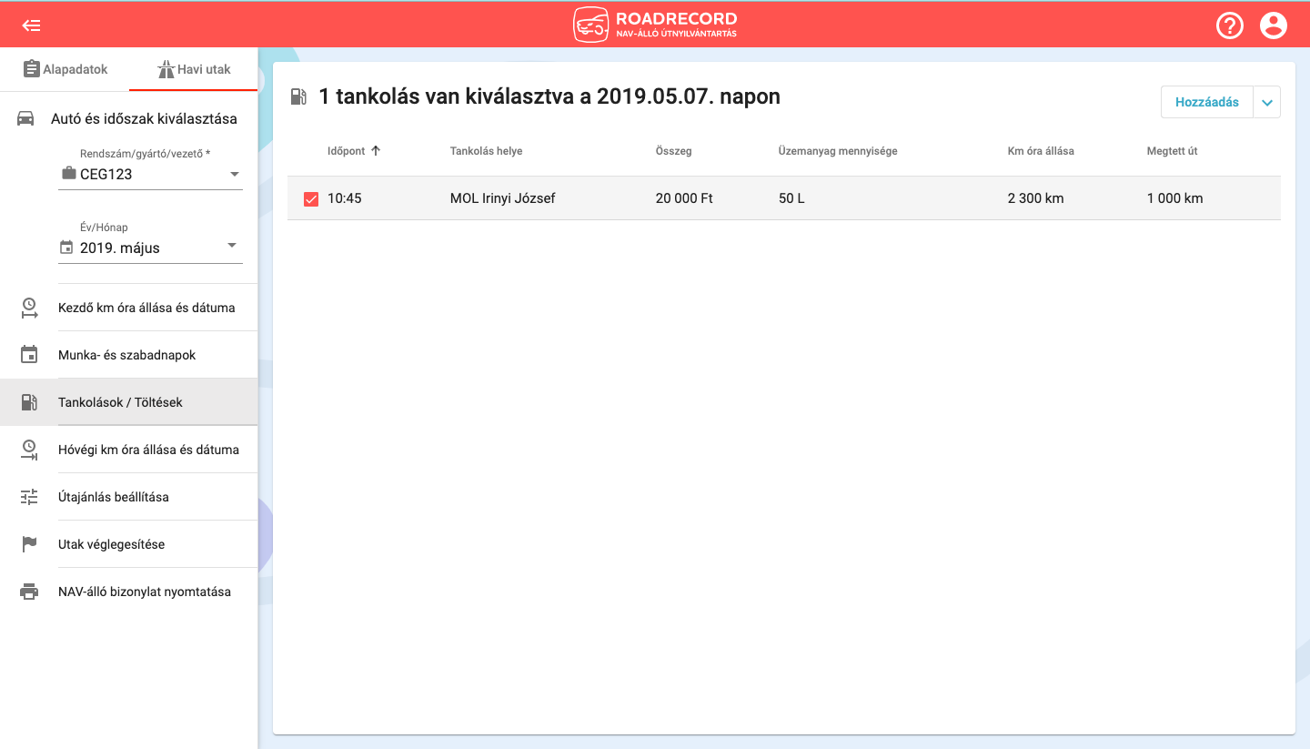 RoadRecord Online tankolások rögzítése