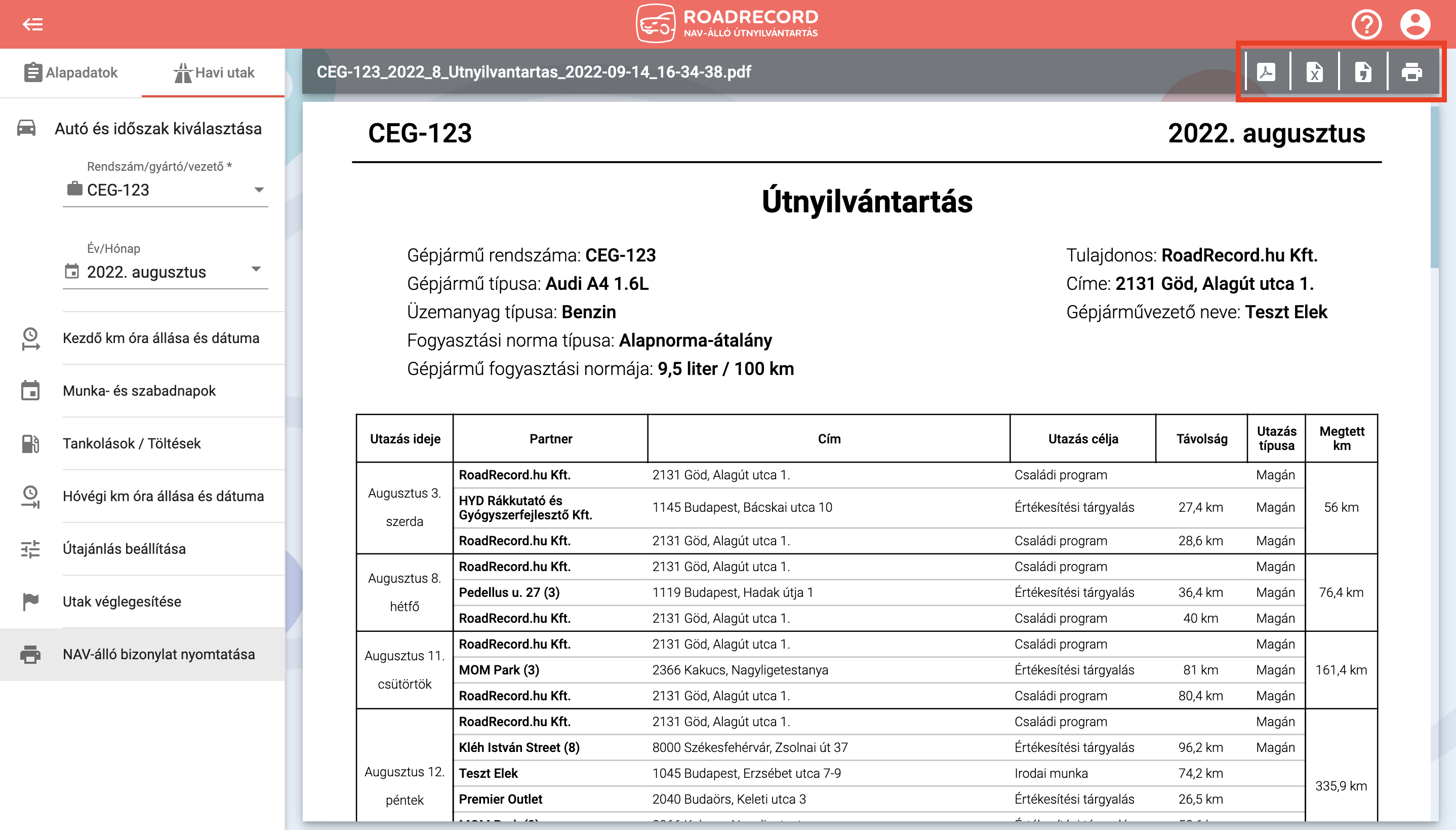 útnyilvántartás pdf xlsx csv nyomtatás