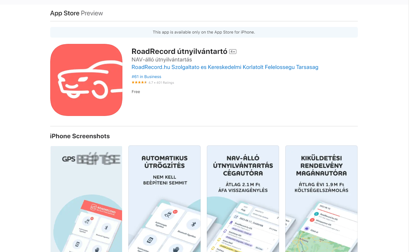 RoadRecord útnyilvántartó App Store