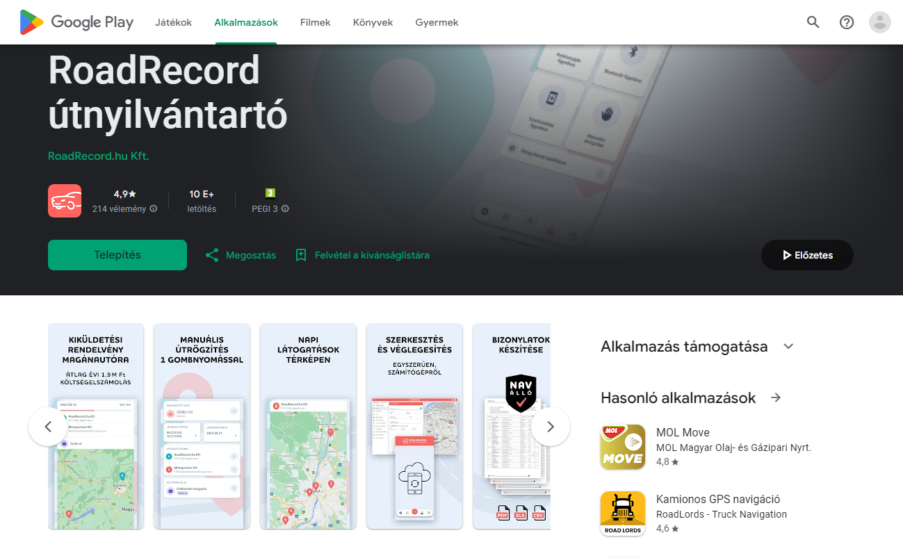 RoadRecord útnyilvántartó GPlay