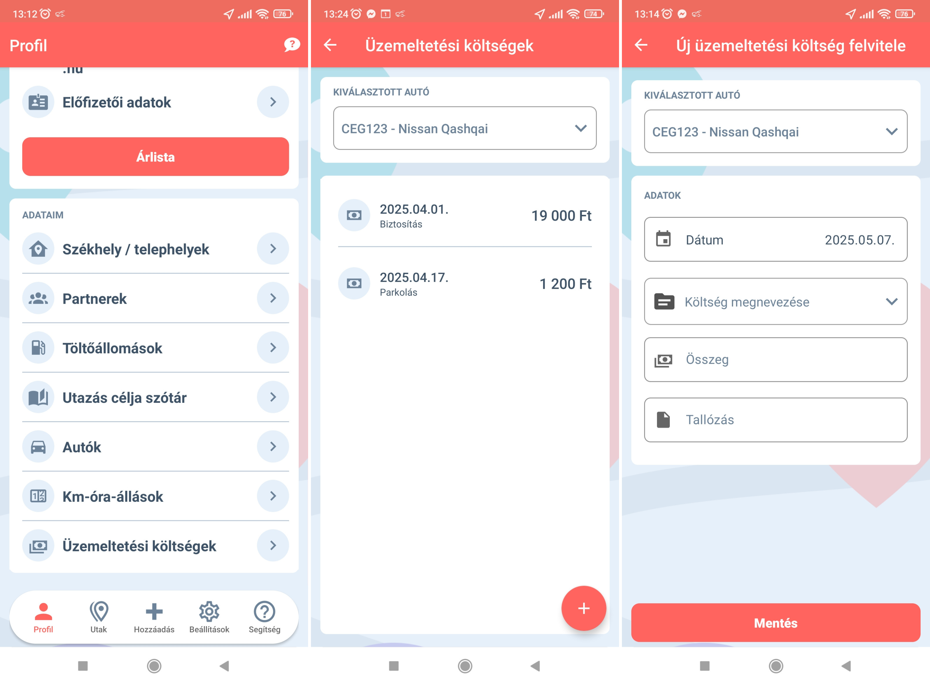 üzemeltetési költségek mobilapp
